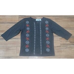 Shenanigans Womens Gray Poinsettia Snowflake Embroidered Long Sleeve Top Size M
